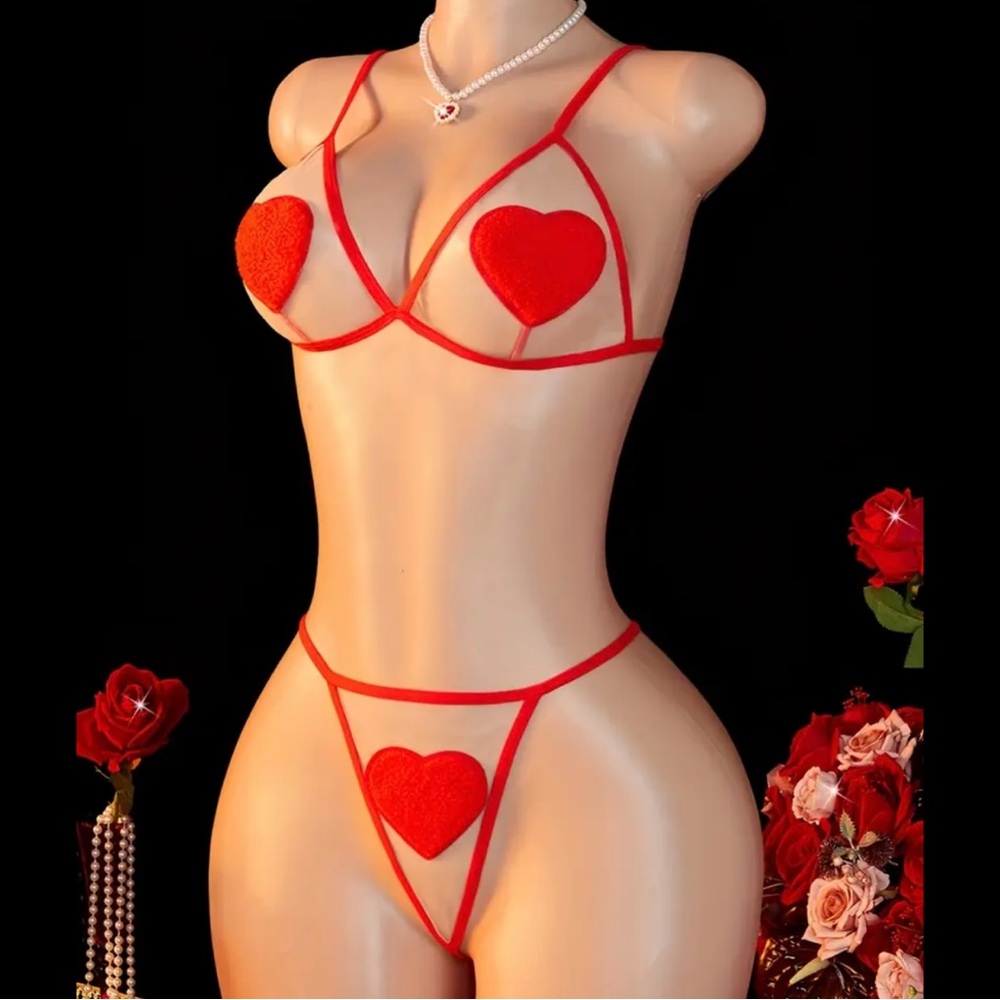 Red, Heart, Sheer, Lingerie Set - Picture 3 of 8